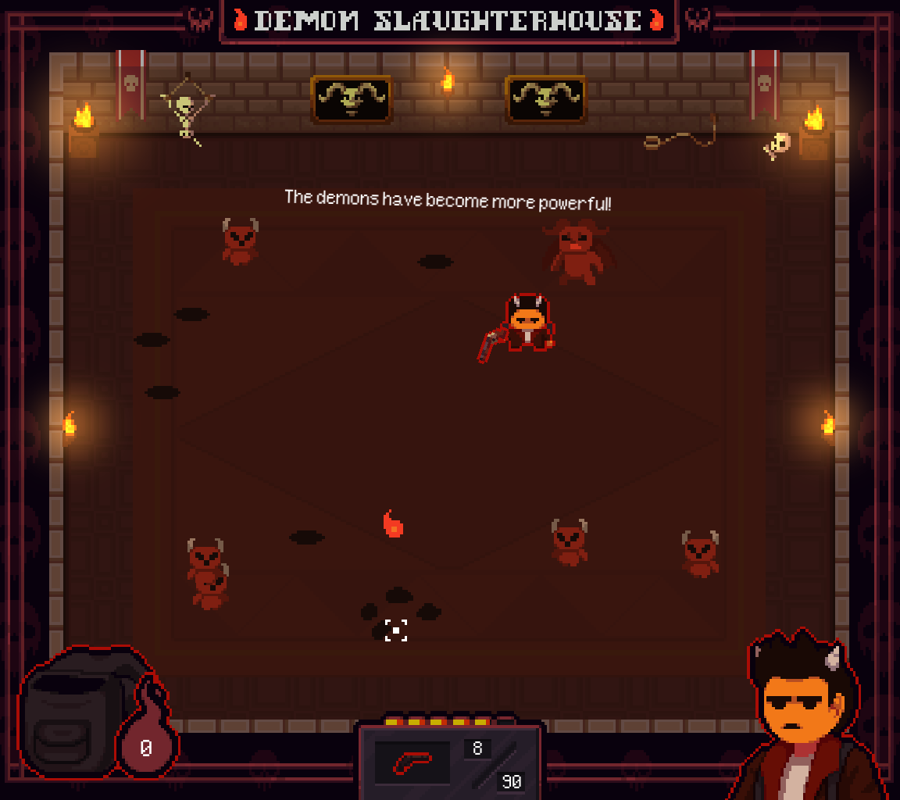 Screenshot of the game &lsquo;Devil&rsquo;s Corp&rsquo;. Bird&rsquo;s eye view (topdown) pixel art image of a brick room filled of demons of different shapes and the player, a young man with small horns wearing a jacket and holding a pistol.