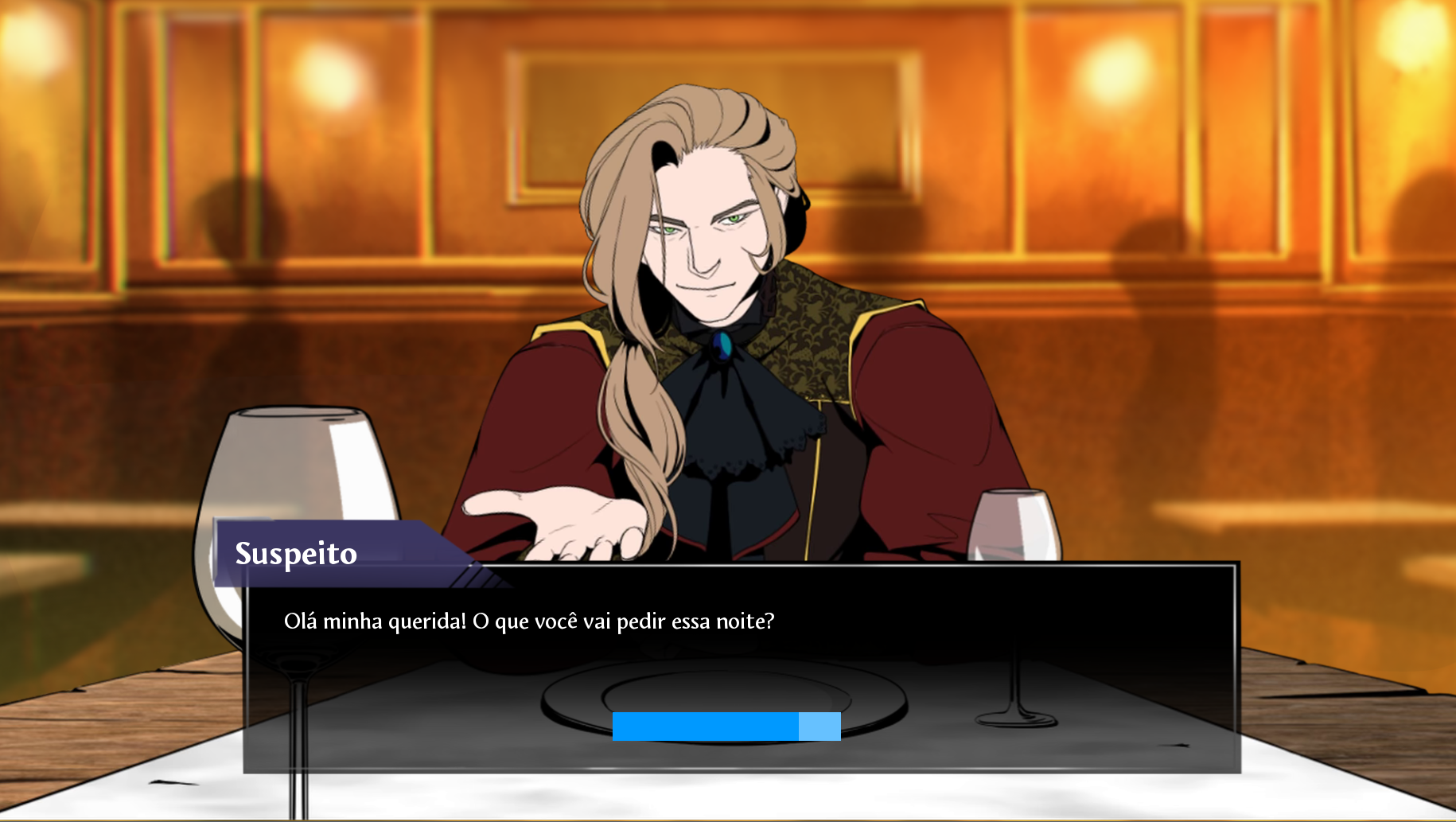 Screenshot of &lsquo;Intrusion&rsquo;. A fairly young man dresses in fancy clothes sits on a dinning room, smirks and says &ldquo;Hello, my dear! What are you ordering tonight?